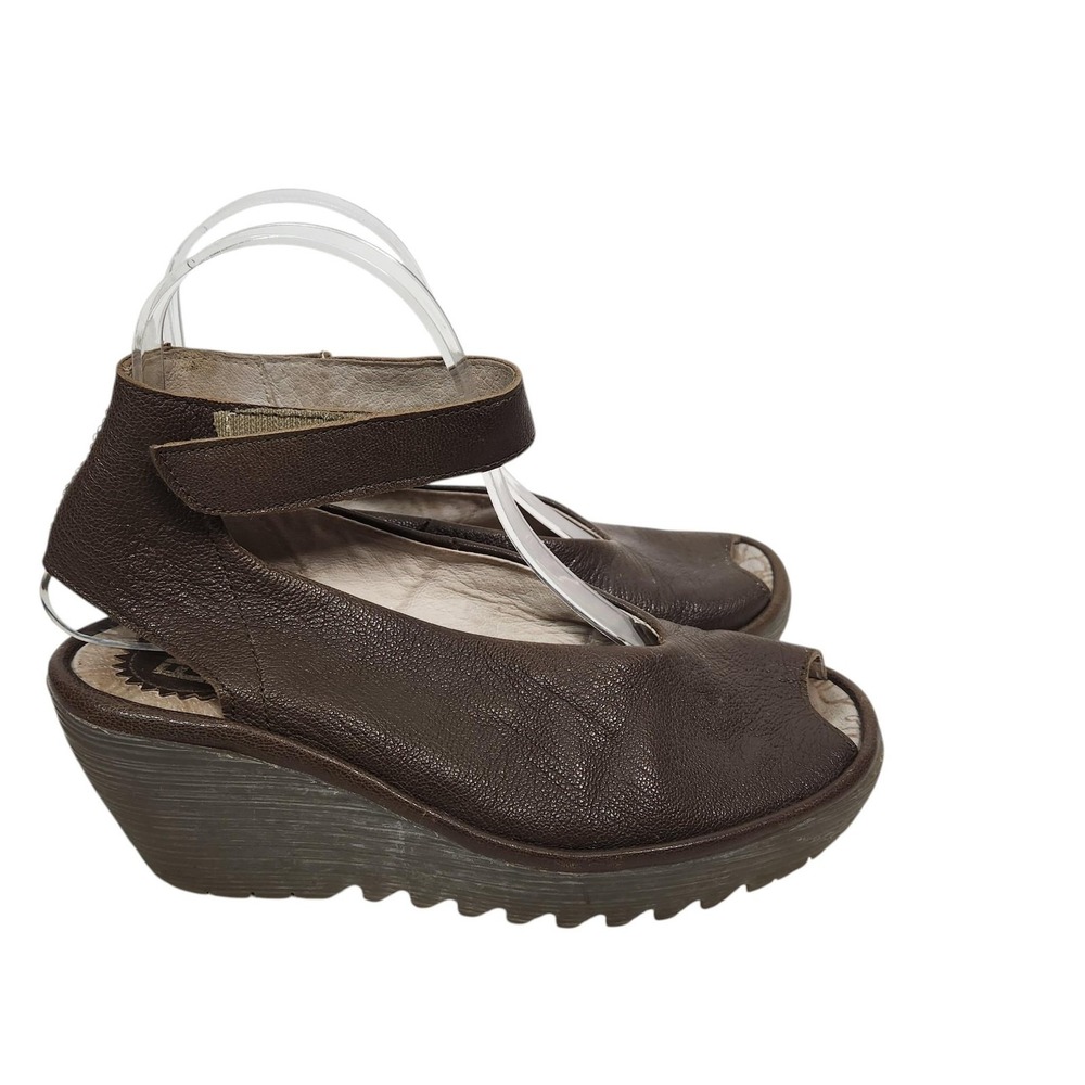 FLY LONDON Shoes Womens 7.5-8 38 Brown Yala Leather Slingback Wedge Sandal